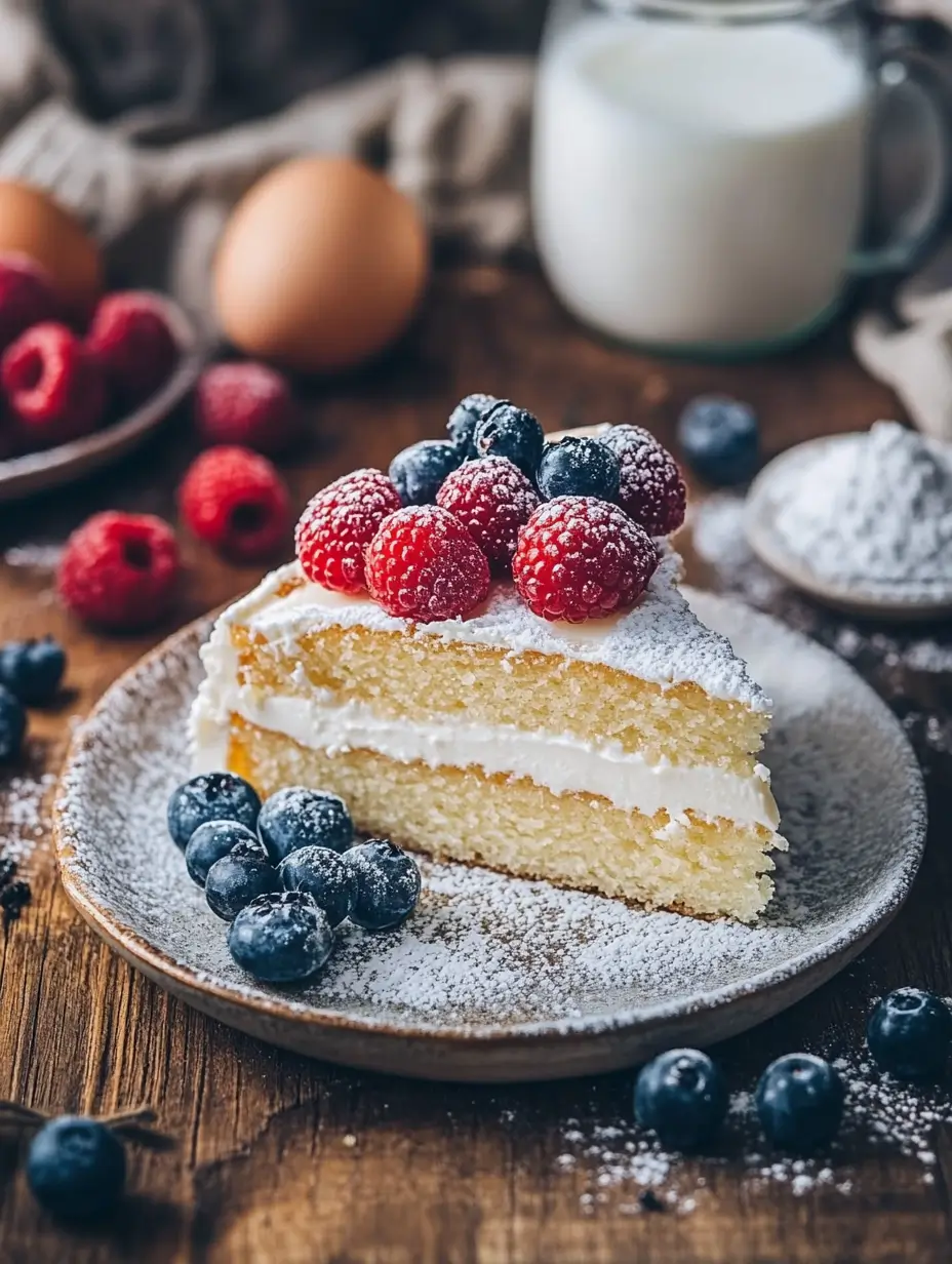 Slice of fluffy Kefir Sheet Cake topped with fresh raspberries and blueberries, dusted with powdered sugar, served on a rustic plate with a wooden background.