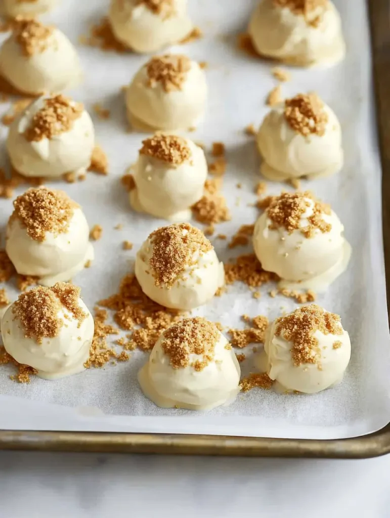 A baking tray lined with parchment paper holding multiple no-bake pumpkin cheesecake balls topped with graham cracker crumbs, neatly arranged and ready to set.