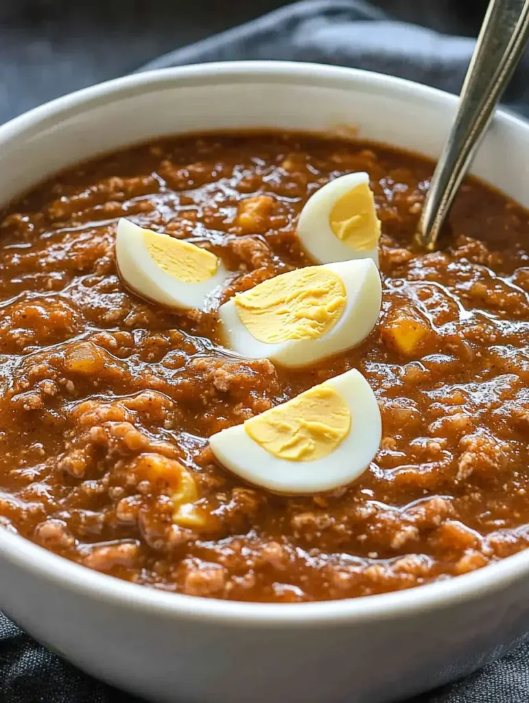 A bowl of hearty mock soup topped with sliced boiled eggs, served with a spoon for a comforting meal.