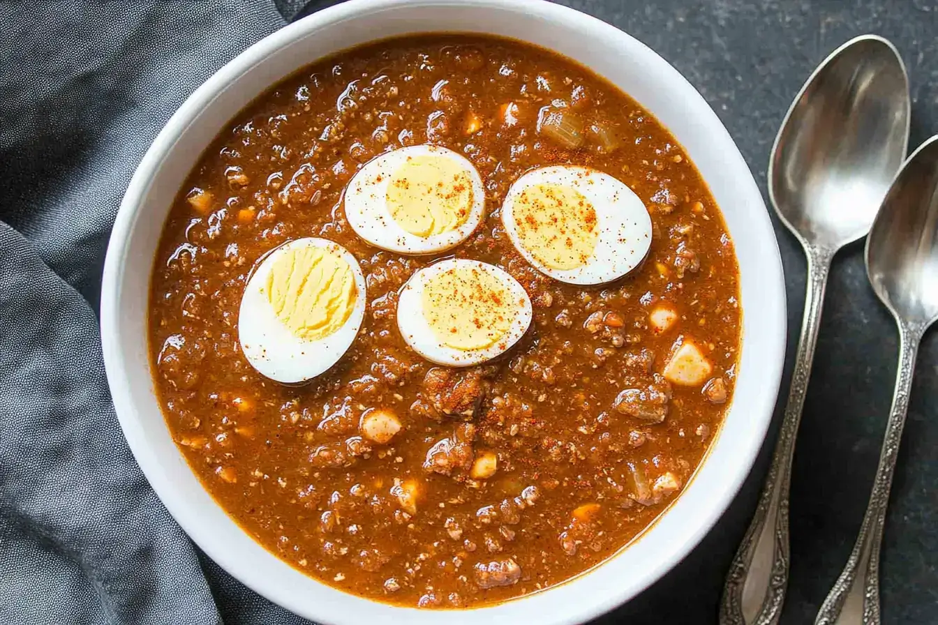 Bowl of rich mock turtle soup garnished with hard-boiled eggs, served with spoons on a dark textured background.