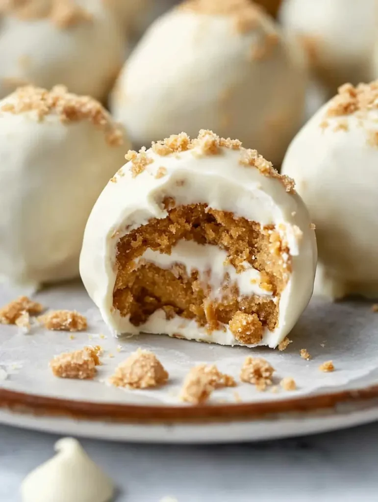 No-bake pumpkin cheesecake ball with a bite taken out, revealing creamy pumpkin and graham cracker filling. Topped with graham cracker crumbs and surrounded by other cheesecake balls with scattered crumbs on the plate.