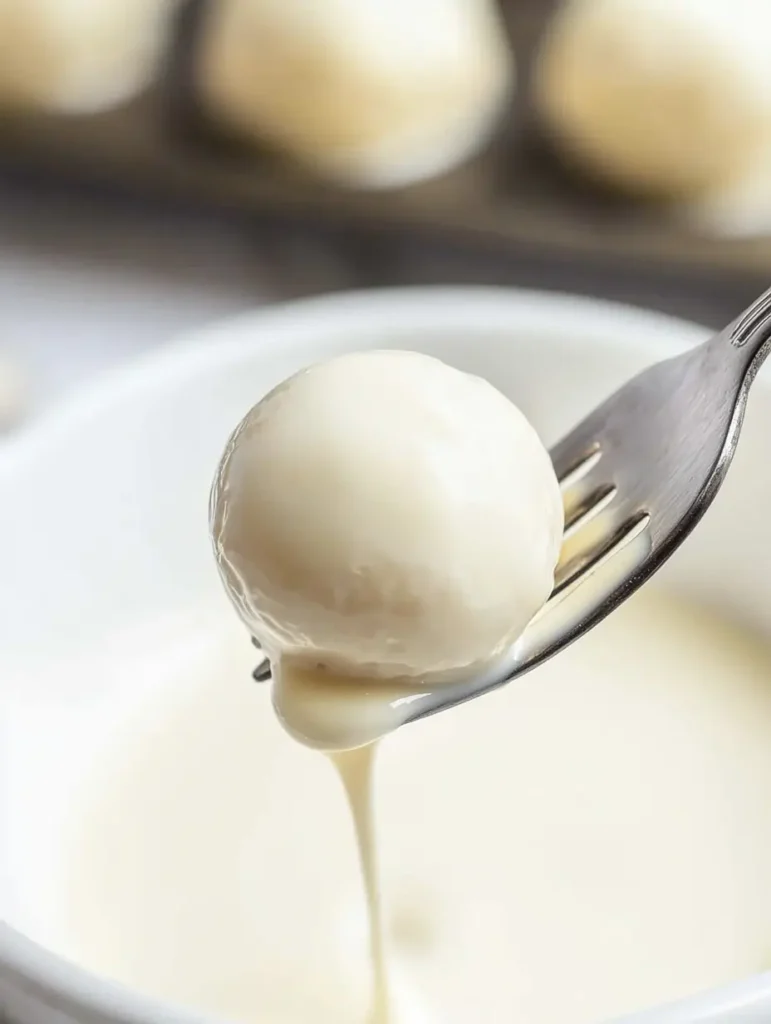 A no-bake pumpkin cheesecake ball being dipped into melted white chocolate using a fork, showcasing the smooth coating process.