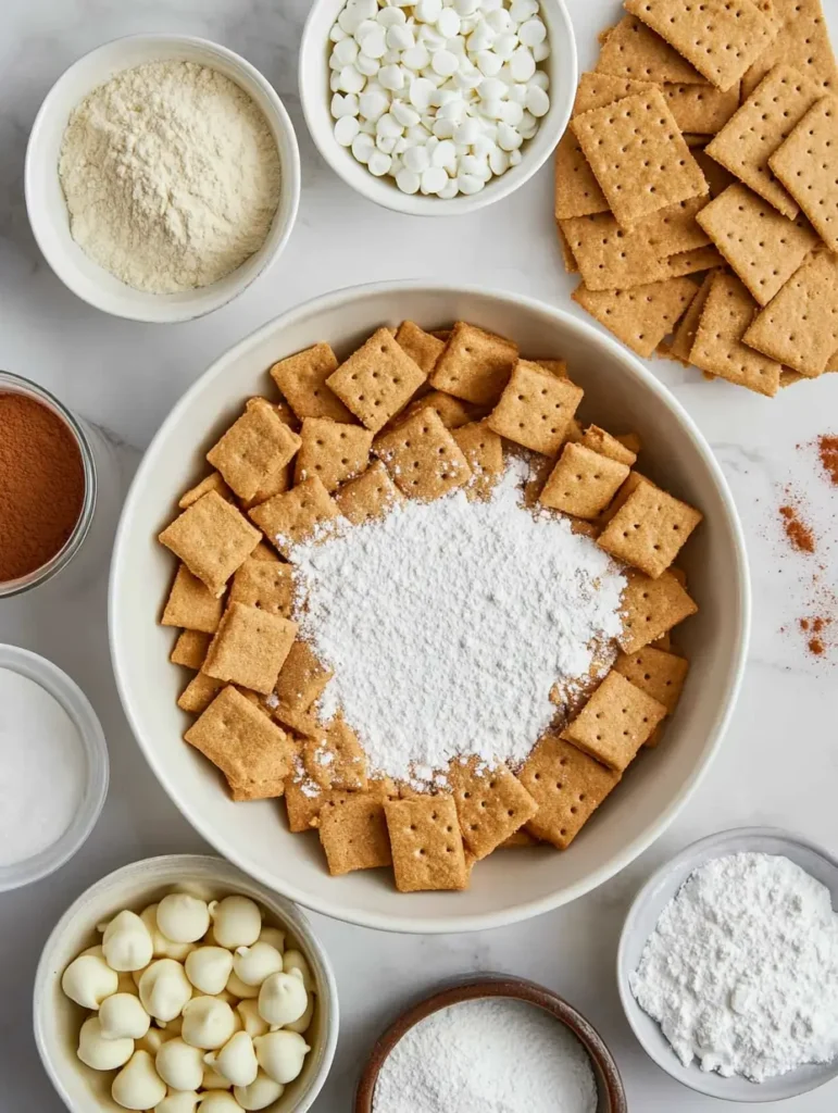 A bowl of graham cracker squares and powdered sugar, surrounded by small bowls of white chocolate chips, pumpkin spice, powdered milk, and cinnamon—perfect ingredients for no-bake pumpkin cheesecake balls.