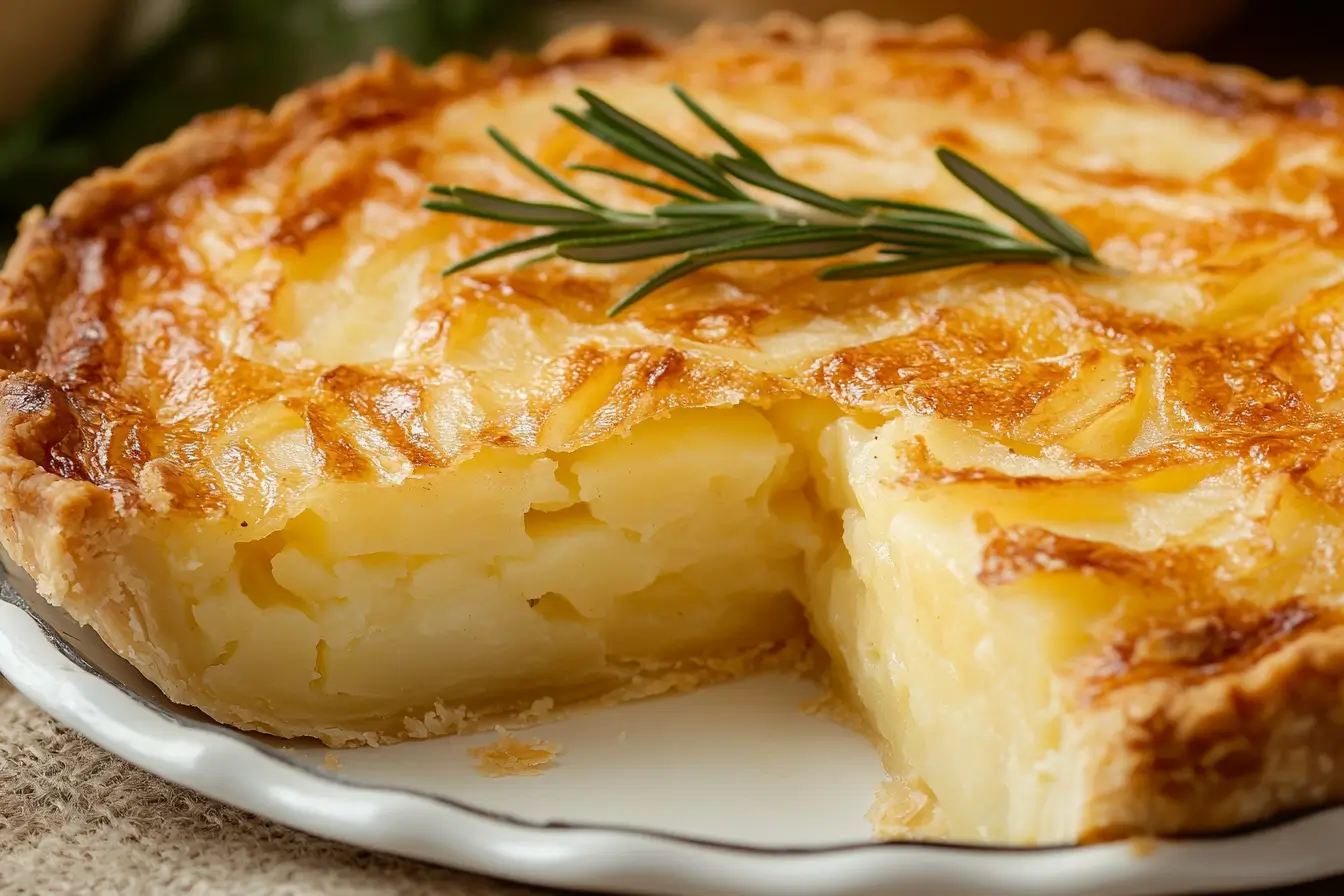 Golden Passover potato pie garnished with a sprig of rosemary on a white plate.