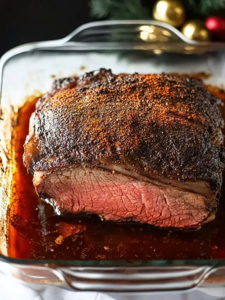 Perfectly cooked Poor Man’s Prime Rib with a flavorful crust, resting in its juices inside a glass baking dish, ready to serve for a hearty meal.