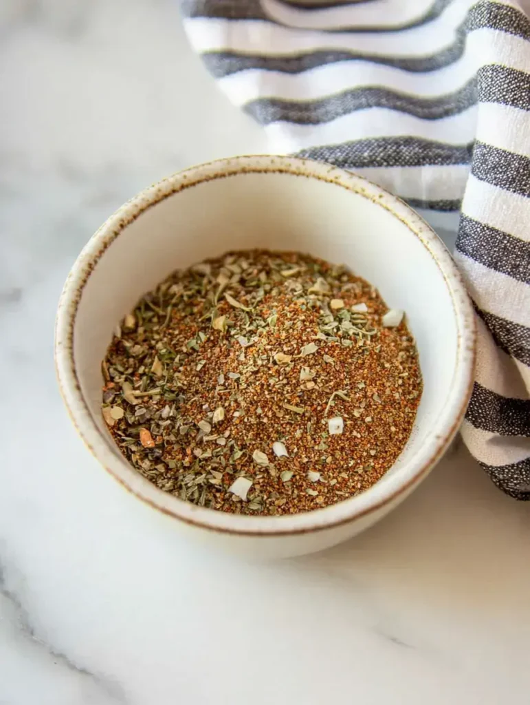 A small ceramic bowl filled with a homemade seasoning blend, featuring a mix of dried herbs and spices, placed on a marble countertop with a striped cloth in the background.