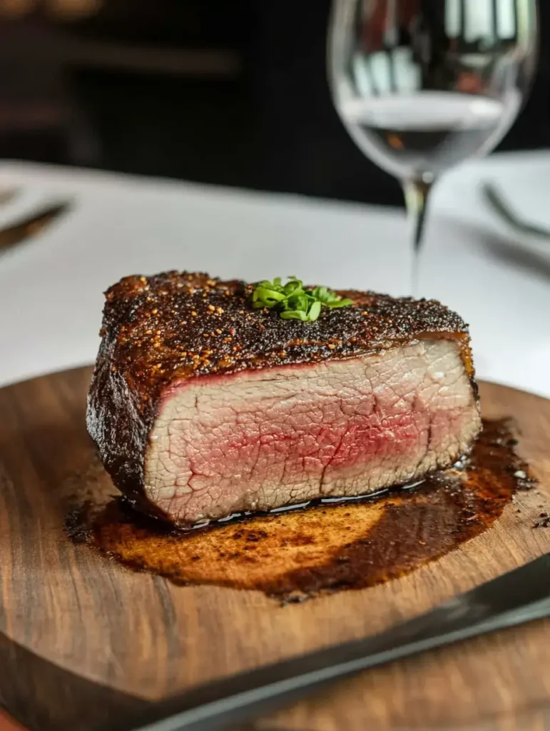 Cooked Poor Man’s Prime Rib resting on a wooden cutting board, showcasing its juicy, medium-rare center and seasoned crust, with a wine glass in the background.