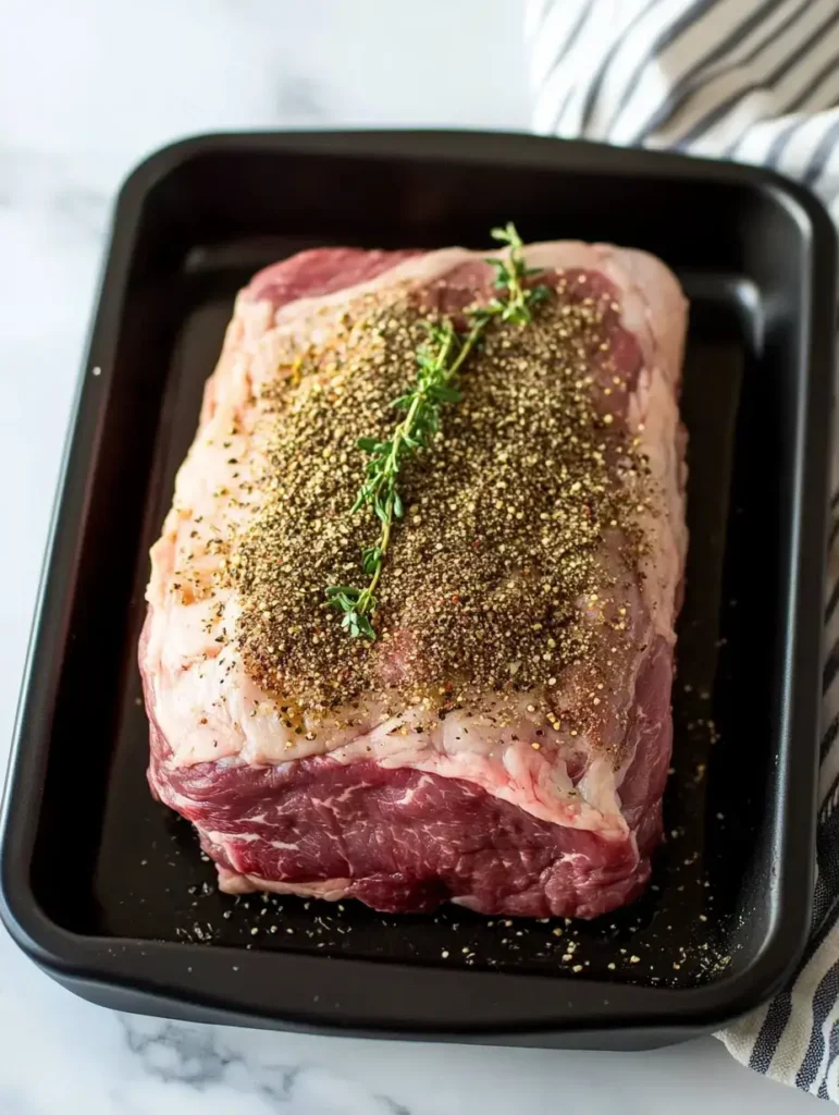 Seasoned Poor Man’s Prime Rib roast in a black baking tray, topped with cracked black pepper and fresh thyme sprigs, ready for cooking.