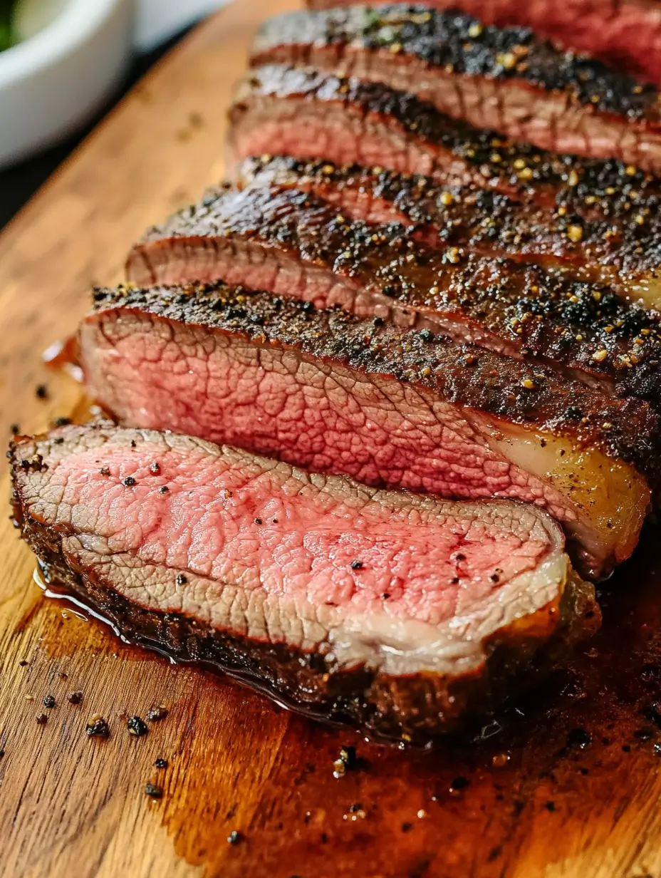 Slices of perfectly cooked Poor Man’s Prime Rib with a crispy peppered crust, showcasing a tender and juicy pink center, served on a wooden cutting board.