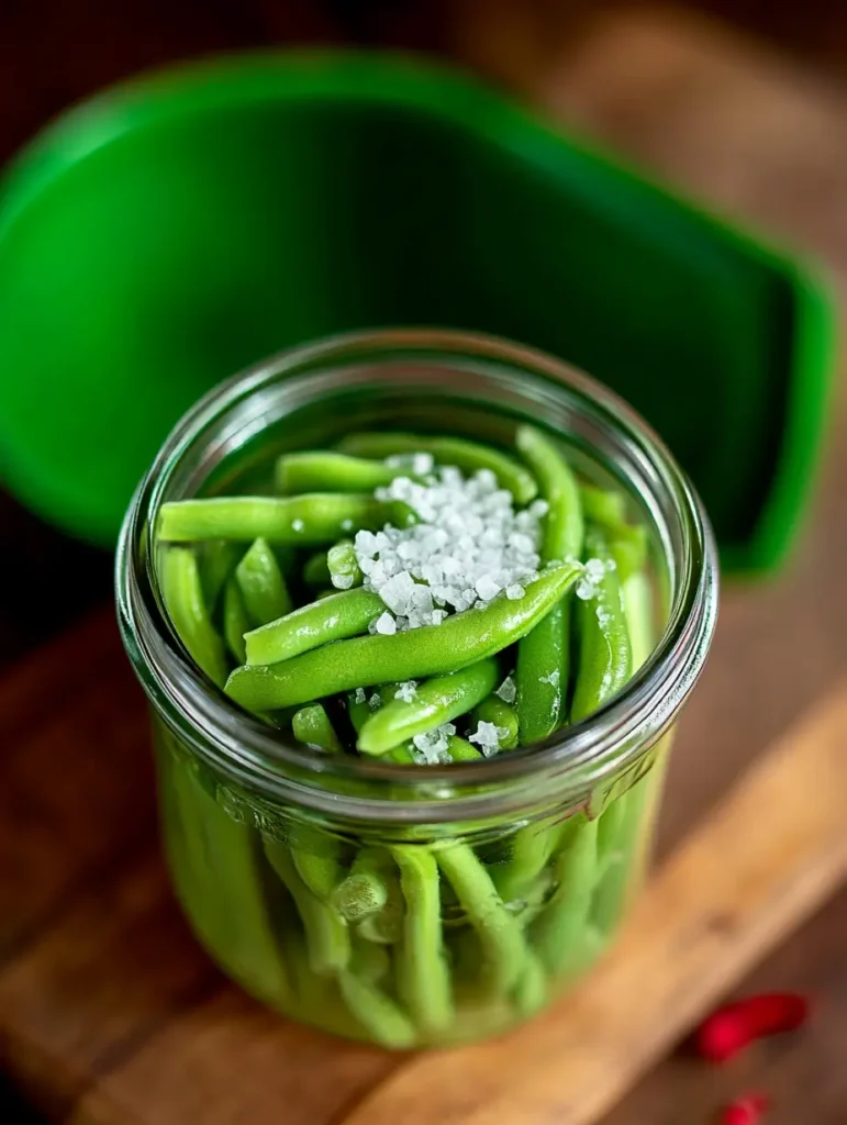 A jar of canned green beans with a sprinkle of salt on top, ready for storage.