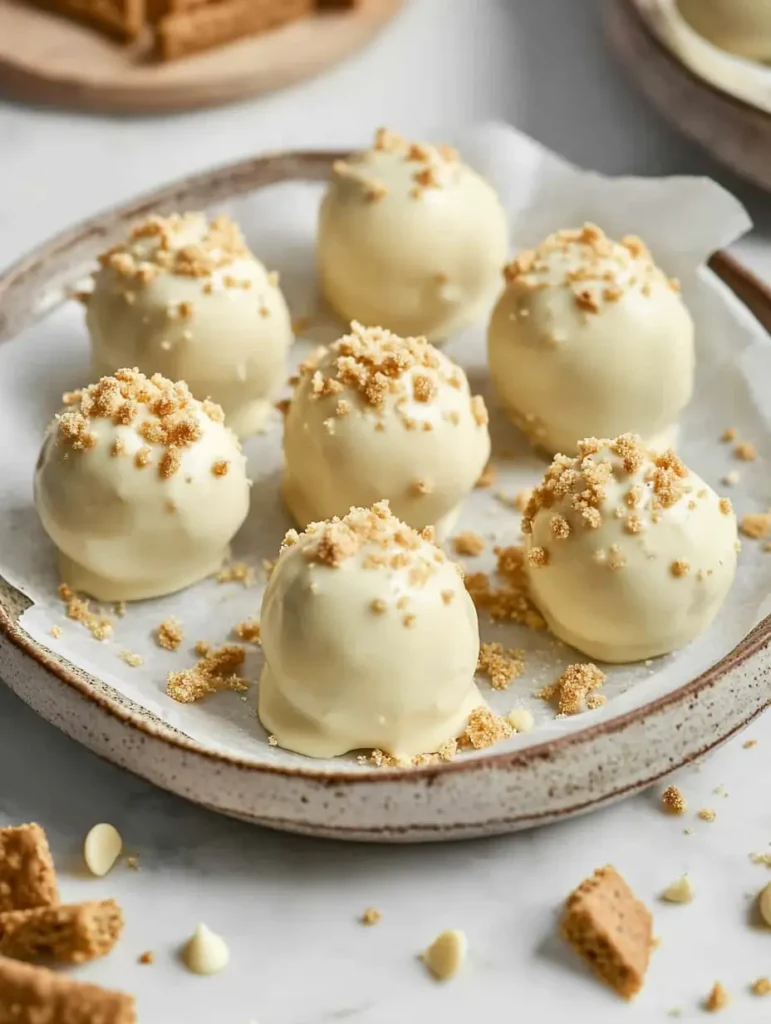 A plate with six no-bake pumpkin cheesecake balls topped with graham cracker crumbs, surrounded by crumbs and chocolate chips.