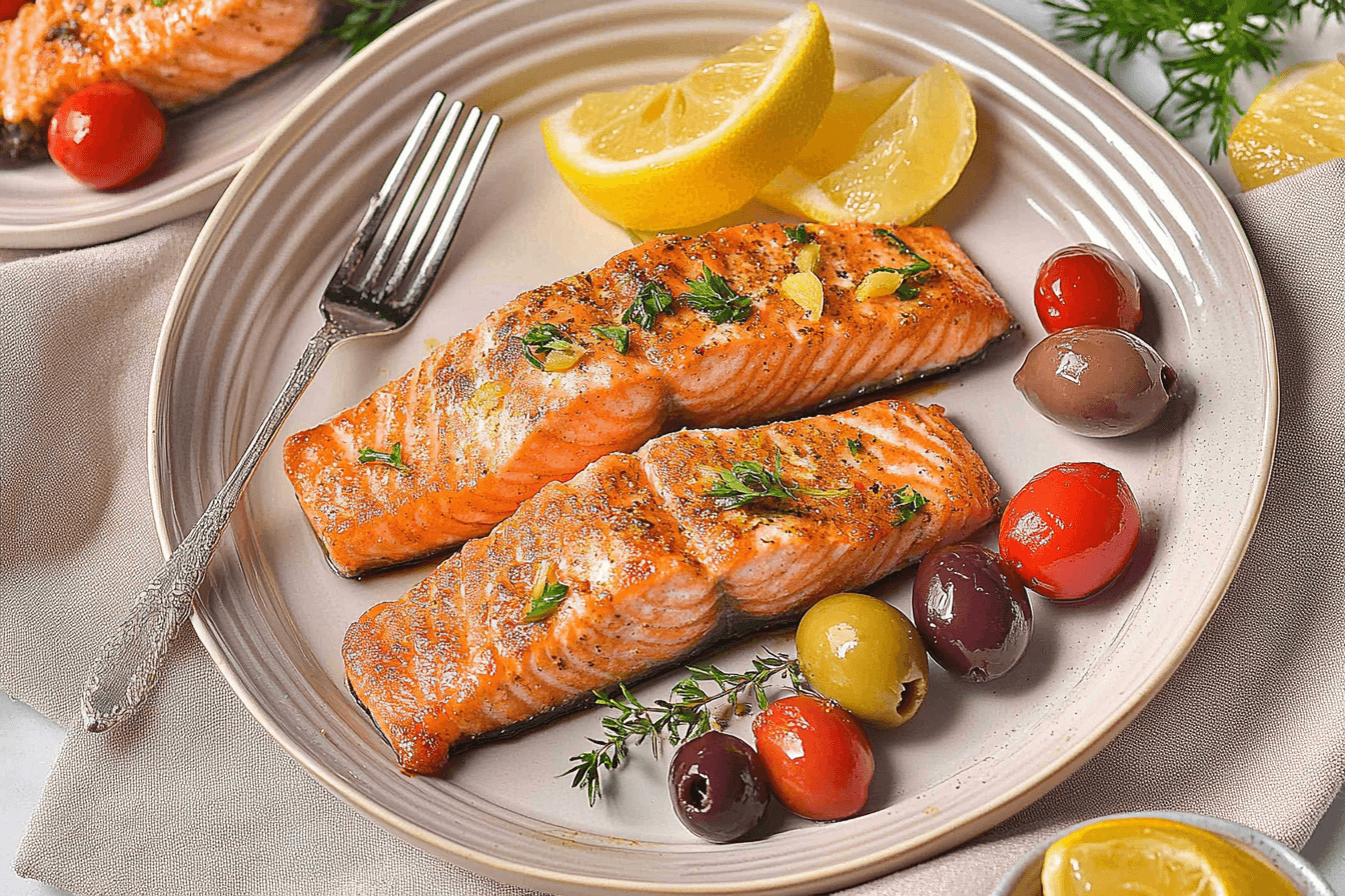 Oven-baked salmon served with olives and lemon wedges.