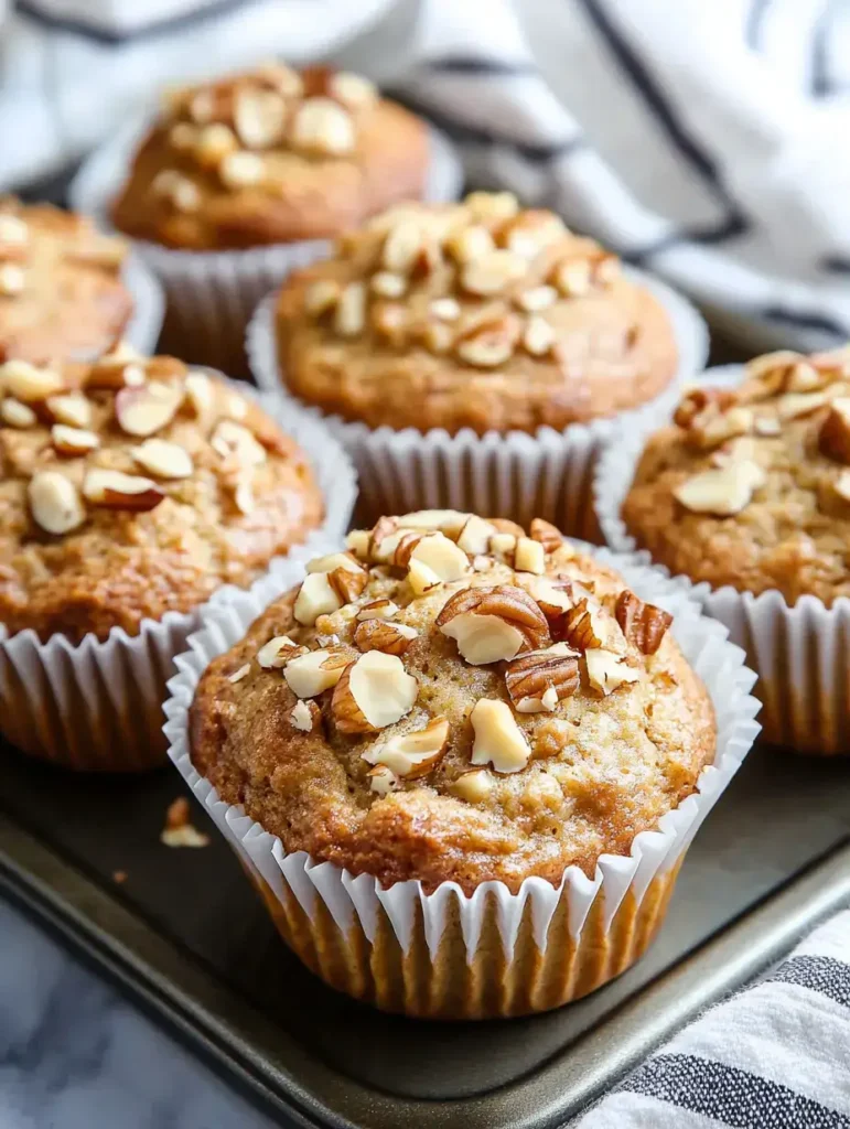 Sourdough banana muffins topped with chopped nuts, arranged in a muffin tray.