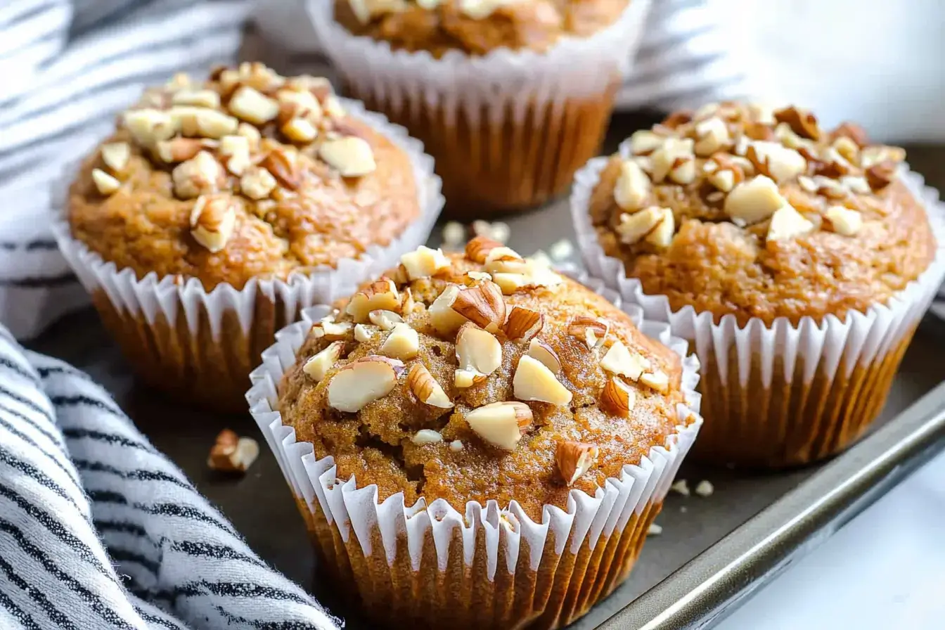 Close-up of sourdough banana muffins topped with chopped nuts, arranged in white liners on a baking tray.