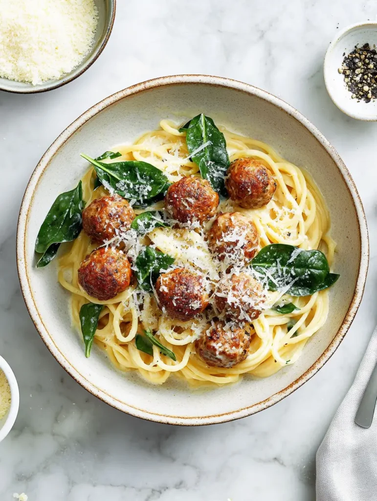 A bowl of spaghetti carbonara with meatballs, spinach, and grated Parmesan on a marble surface.