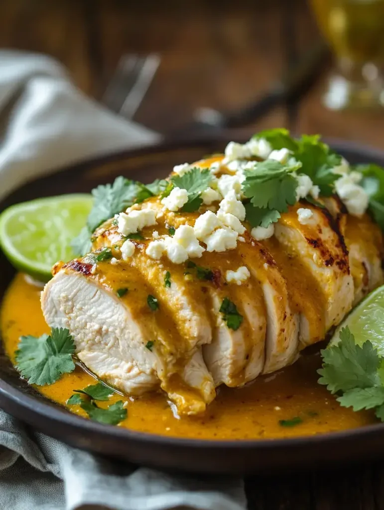 Chicken breast with amarillo sauce, topped with cheese, cilantro, and lime wedges.