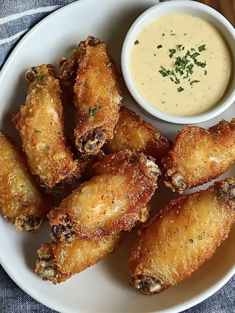 Golden-brown baked chicken wings served with a creamy dipping sauce, garnished with fresh parsley for an irresistible combination of crispiness and flavor.