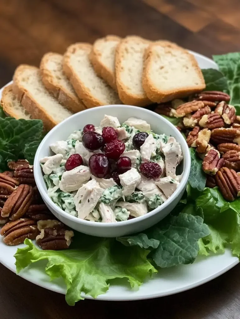 A platter featuring creamy chicken salad garnished with cranberries in a bowl, surrounded by fresh lettuce, toasted pecans, and slices of crusty bread.