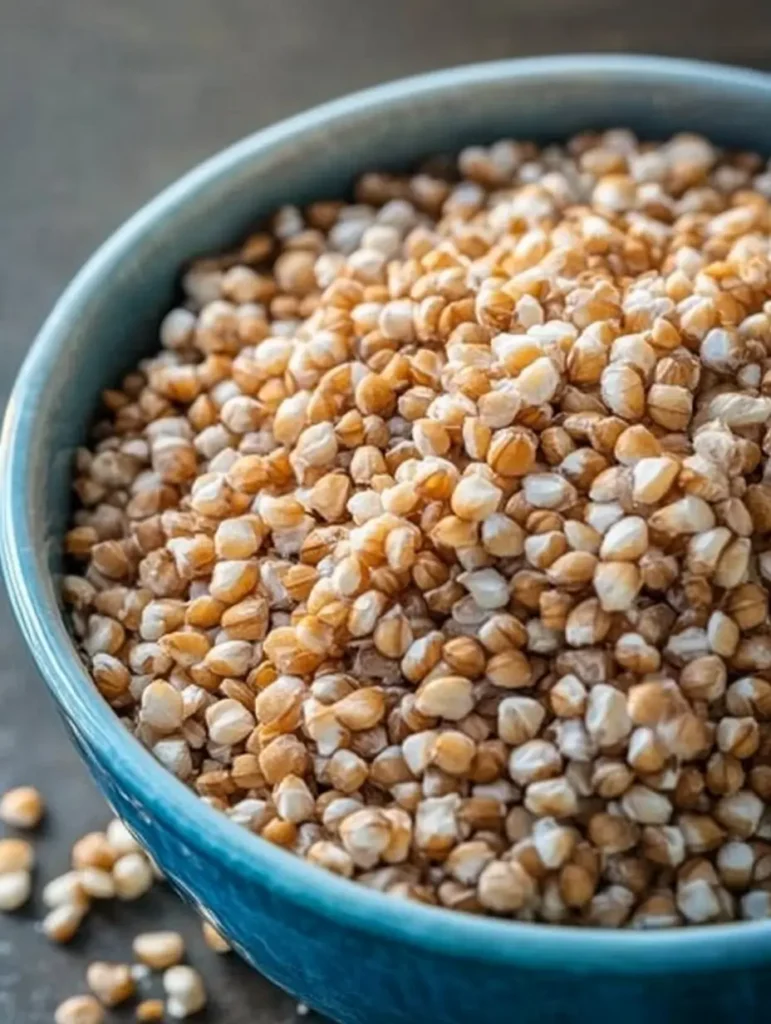 Raw buckwheat kernels in a blue bowl.