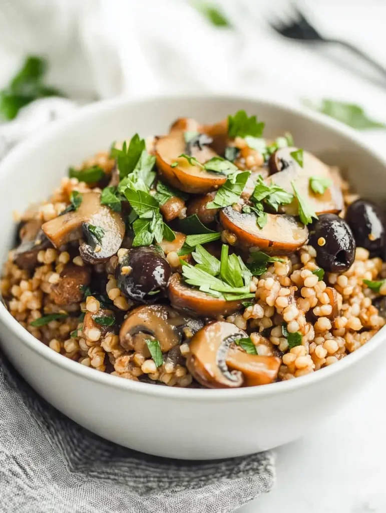 A bowl of cooked buckwheat (kasha) topped with mushrooms, olives, and fresh herbs.