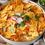 A vibrant Doritos chicken casserole topped with golden chips, fresh radish slices, and garnished with cilantro, served alongside a bowl of pico de gallo.