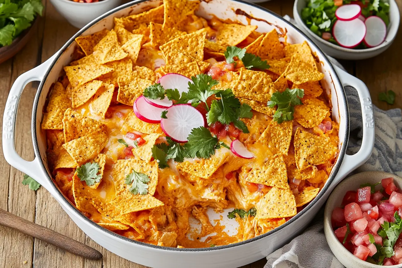 A vibrant Doritos chicken casserole topped with golden chips, fresh radish slices, and garnished with cilantro, served alongside a bowl of pico de gallo.