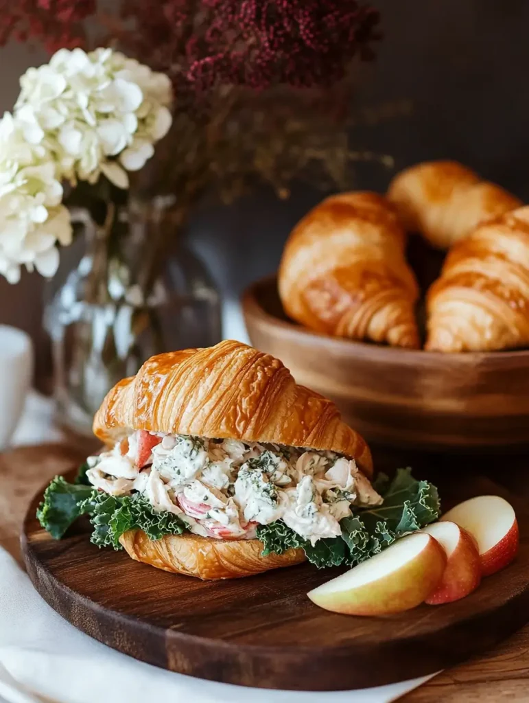 A croissant filled with creamy chicken salad and fresh kale, served on a wooden board with apple slices, surrounded by croissants and floral decor in the background.