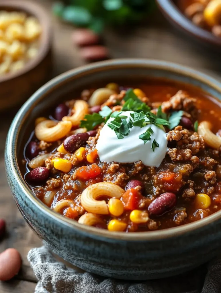 A bowl of chili con carne with macaroni, topped with sour cream and fresh parsley, served as a hearty, comforting meal.