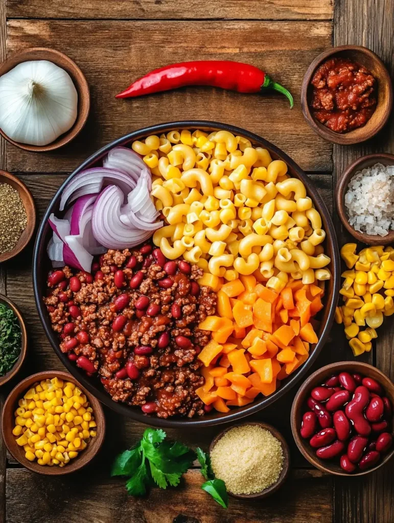 A flat-lay of chili con carne ingredients, including macaroni, ground beef, red kidney beans, chopped vegetables, and spices, arranged beautifully in bowls on a wooden surface.