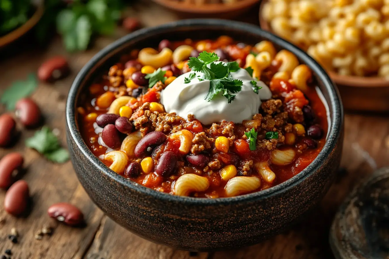 A hearty bowl of chili con carne with macaroni, topped with sour cream and fresh cilantro.