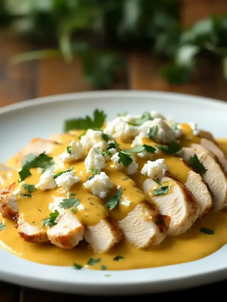 Plated Churu Chicken Amarillo Recipe showcasing tender slices of chicken topped with a rich yellow sauce, crumbled feta, and garnished with fresh cilantro.