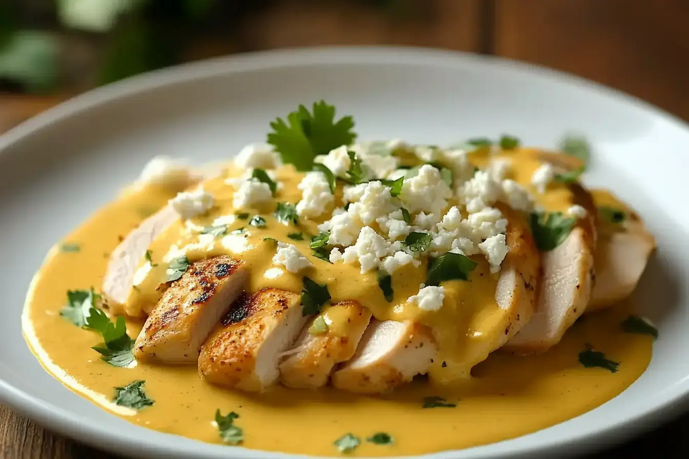 Sliced grilled chicken topped with a rich amarillo sauce, garnished with crumbled cheese and fresh cilantro, served on a white plate.