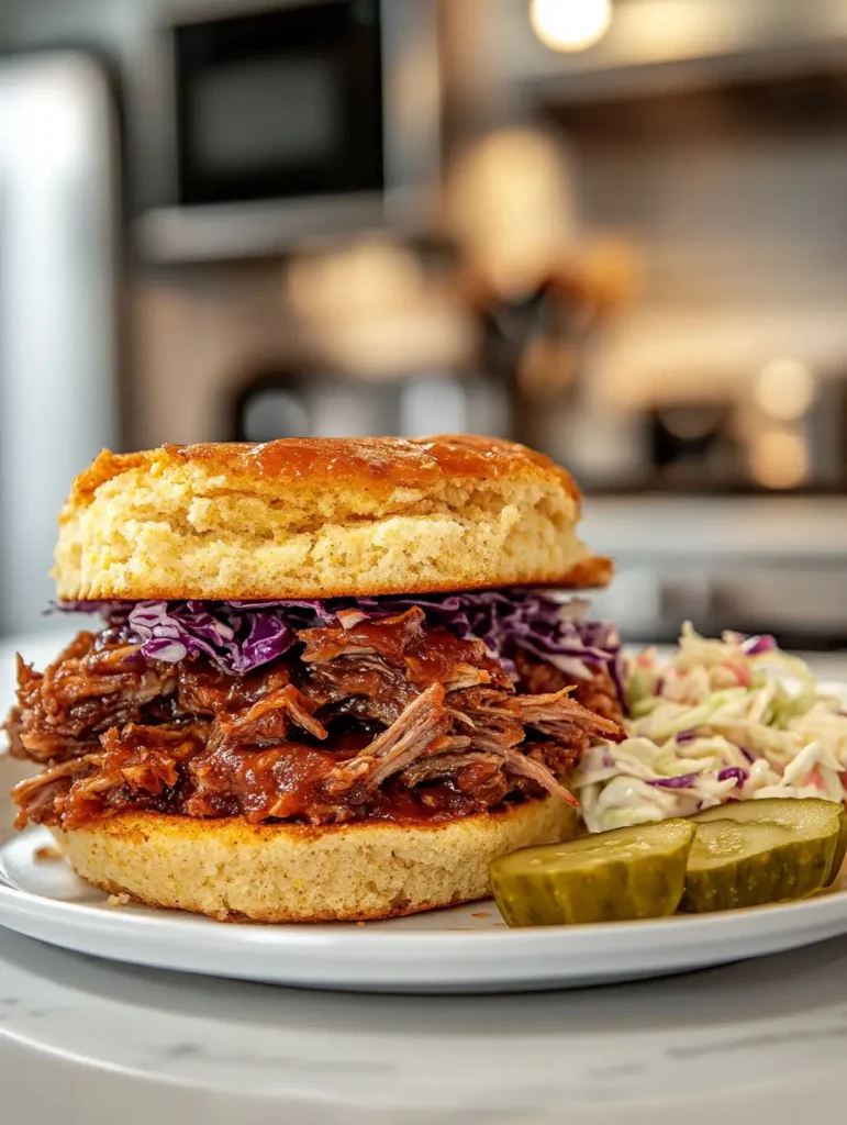 Close-up of a cornbread BBQ sandwich with pulled pork, coleslaw, and pickle slices.