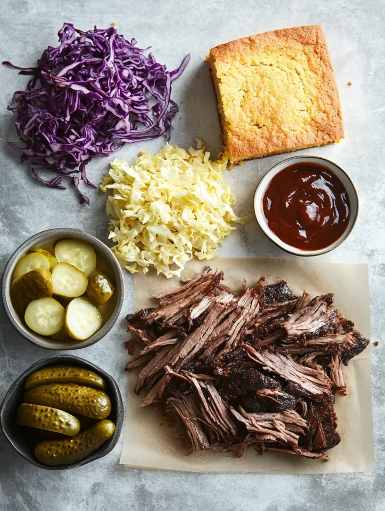 Ingredients for a cornbread BBQ sandwich: shredded coleslaw, pickles, barbecue sauce, cornbread, and pulled beef.