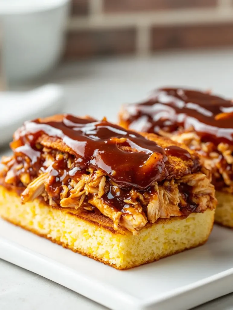 Cornbread BBQ sandwich with pulled chicken and barbecue sauce.
