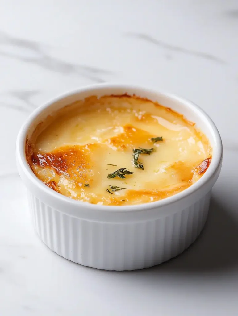 A creamy and golden crab brûlée served in a white ramekin, garnished with delicate thyme leaves, sitting on a sleek white marble background for a minimalist, elegant presentation.