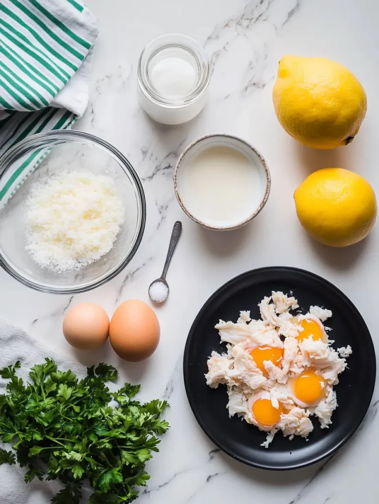 Ingredients for crab brûlée neatly arranged: fresh parsley, two lemons, eggs, shredded crab meat, grated cheese, cream, and seasoning, laid out on a marble countertop for preparation.