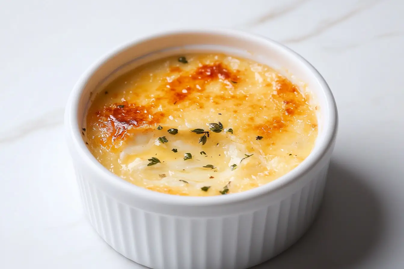 A creamy crab brûlée served in a white ramekin, topped with a golden caramelized crust and garnished with fresh thyme.