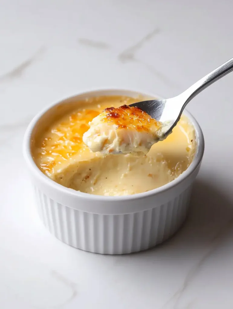 A spoonful of creamy crème brûlée with a golden caramelized top, served in a white ramekin on a smooth white background.