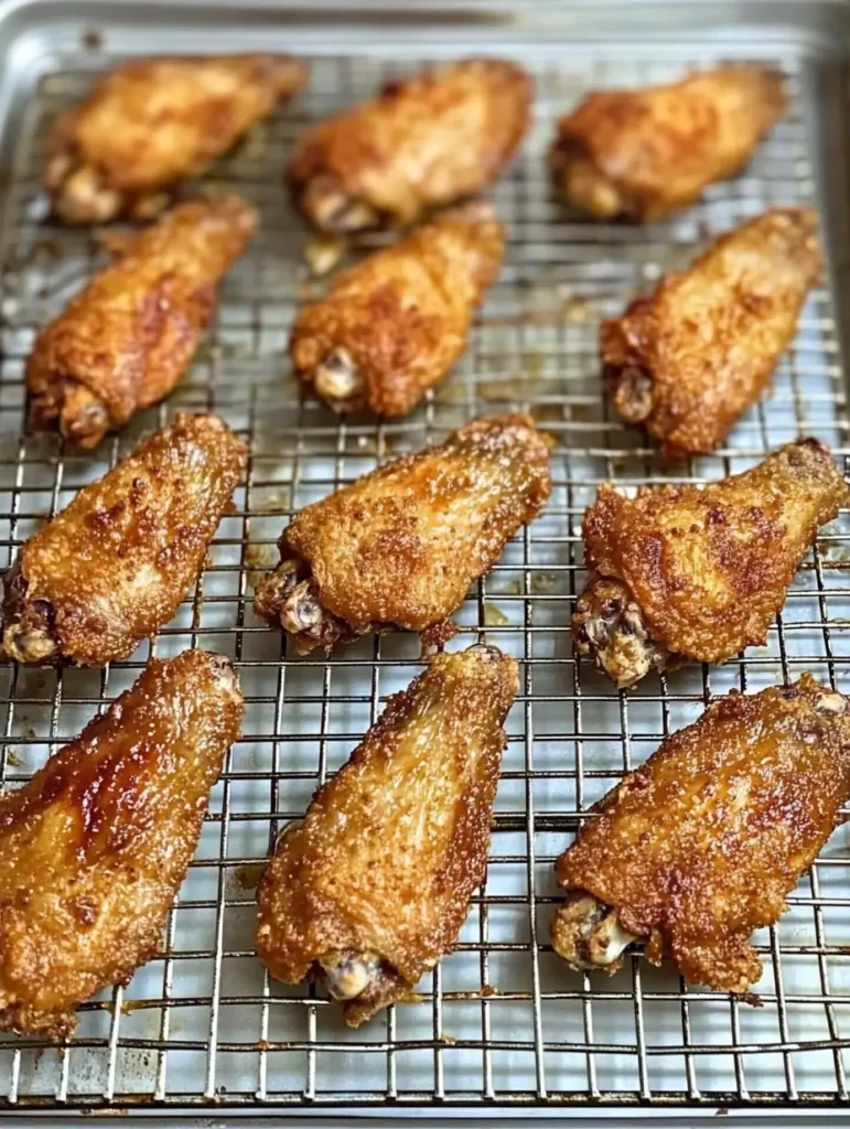 Crispy baked chicken wings cooling on a wire rack, perfectly golden and ready to serve for a delicious snack or appetizer.