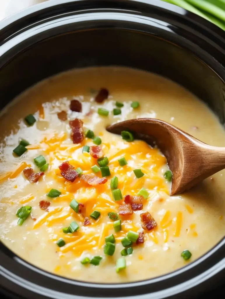 Slow cooker potato soup garnished with crispy bacon bits, shredded cheddar cheese, and fresh green onions, stirred with a wooden spoon for a comforting meal.