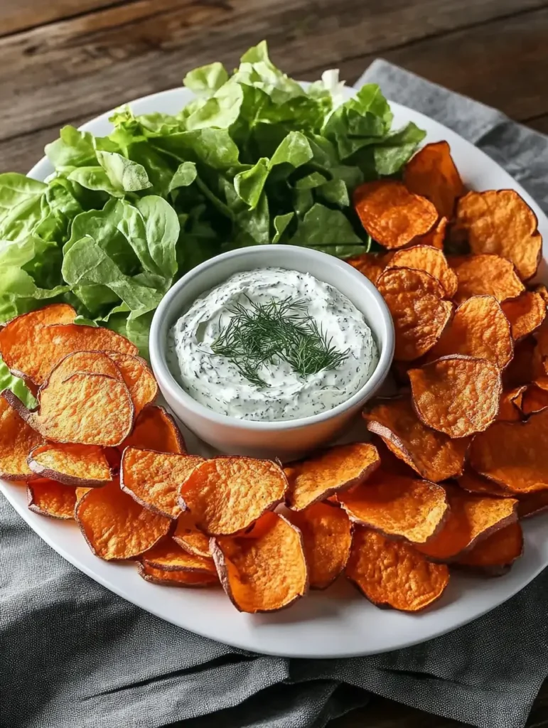 A plate of crispy sweet potato chips paired with a creamy dill dip, garnished with fresh greens for a perfect crunchy side dish.