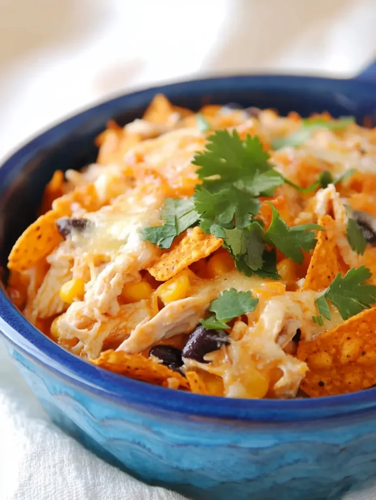 A close-up of a vibrant blue bowl filled with a cheesy Doritos casserole, featuring shredded chicken, corn, black beans, melted cheese, and garnished with fresh cilantro.