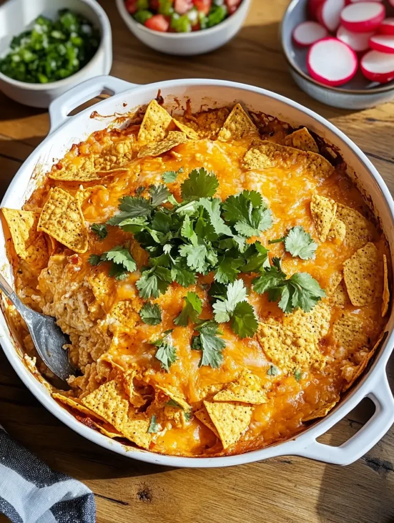 A baked Doritos chicken casserole in a white dish, topped with melted cheese, fresh cilantro, and crispy Doritos, with side bowls of radishes, green onions, and salsa in the background.