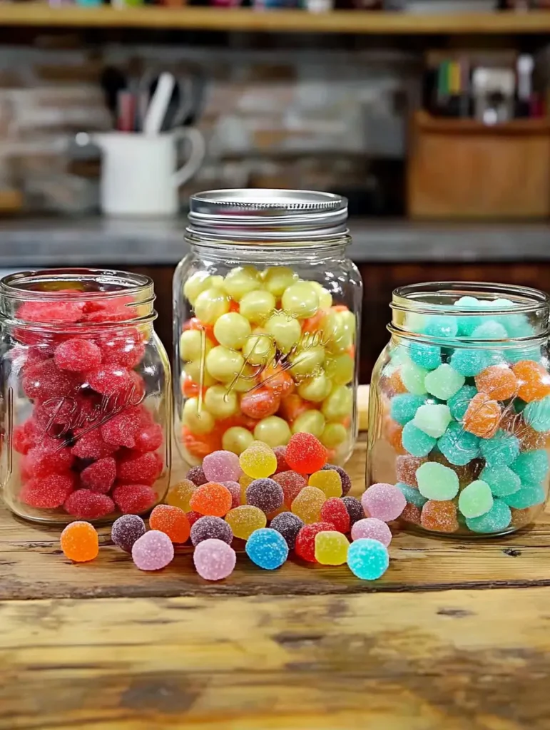 Assorted colorful freeze-dried candies in mason jars, featuring vibrant gummy and sugar-coated treats in a variety of flavors, neatly arranged for display.