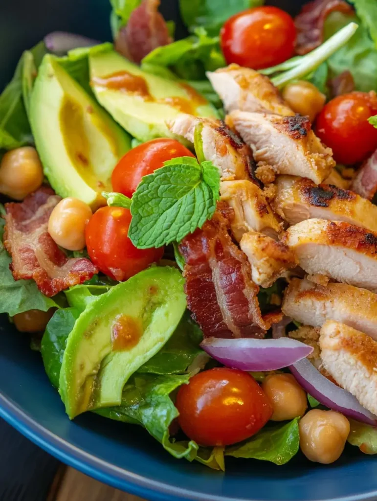 Green salad featuring grilled chicken slices, crispy bacon, avocado, cherry tomatoes, chickpeas, red onion, and fresh mint leaves, all served in a deep blue bowl.