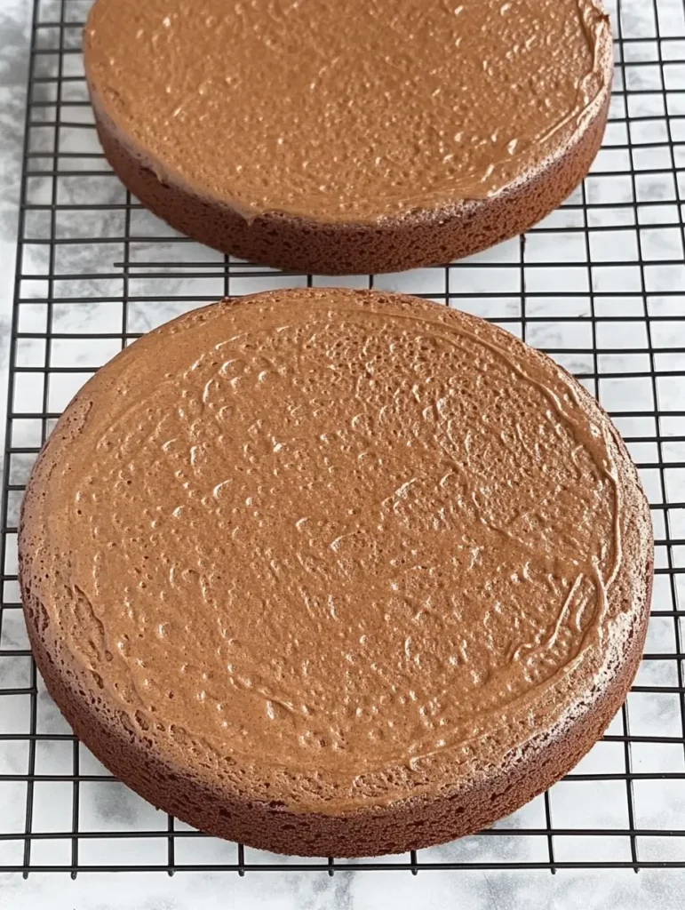 Baked German chocolate cake layers cooling on a wire rack.