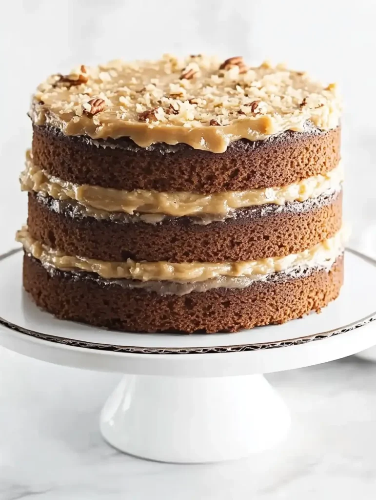 Three-layer German chocolate cake with coconut-pecan frosting between the layers.