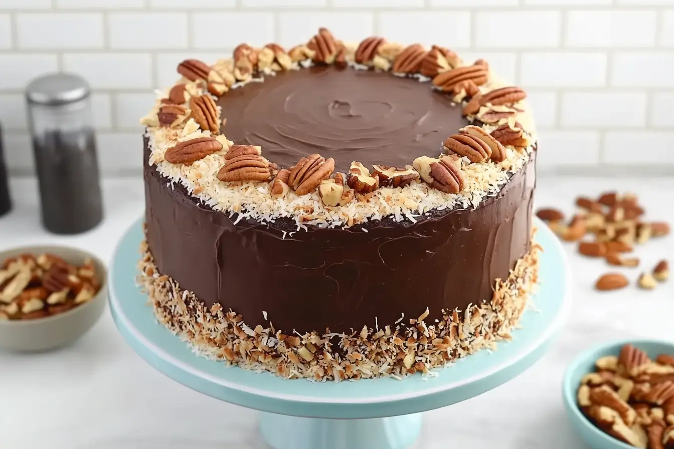 German Chocolate Cake Recipe with chocolate frosting, coconut, and pecans.