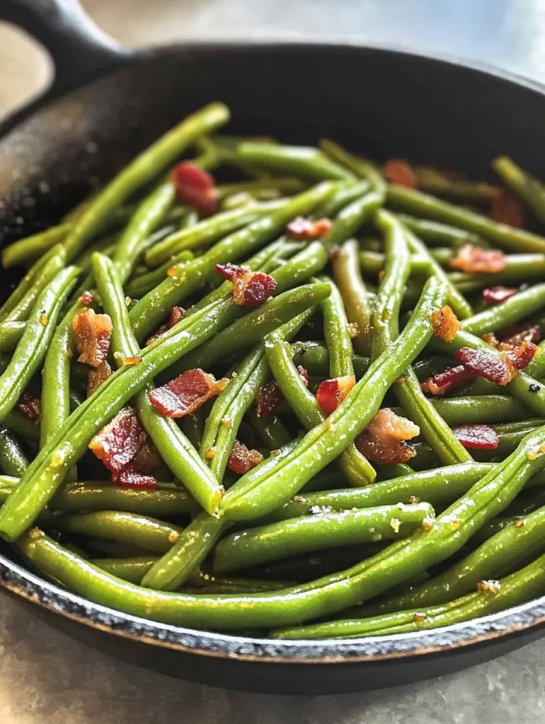 A skillet filled with vibrant green beans cooked with crispy bacon bits, served as a savory side dish.